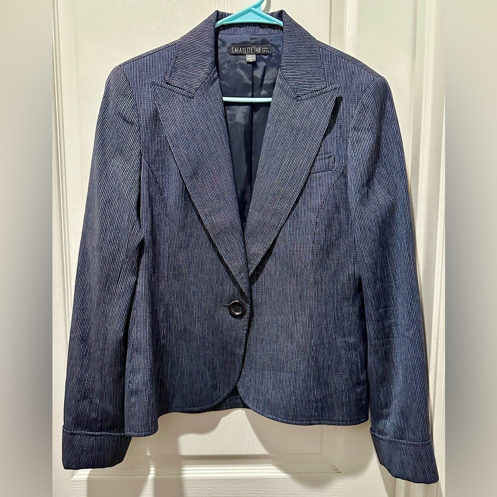 Lafayette 148 New York Single Breasted Blazer Navy/Silver Stripe Virgin Wool